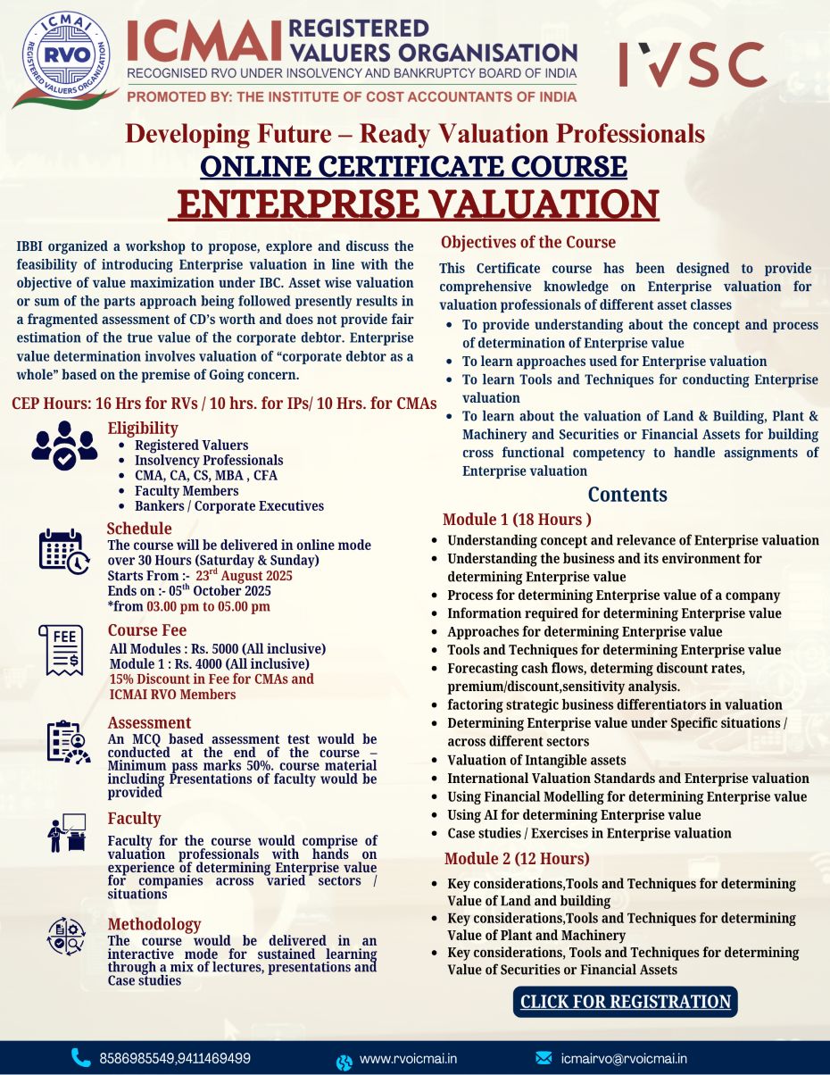 Online Certificate Course -Enterprise Valuation starting From 02nd August 2025