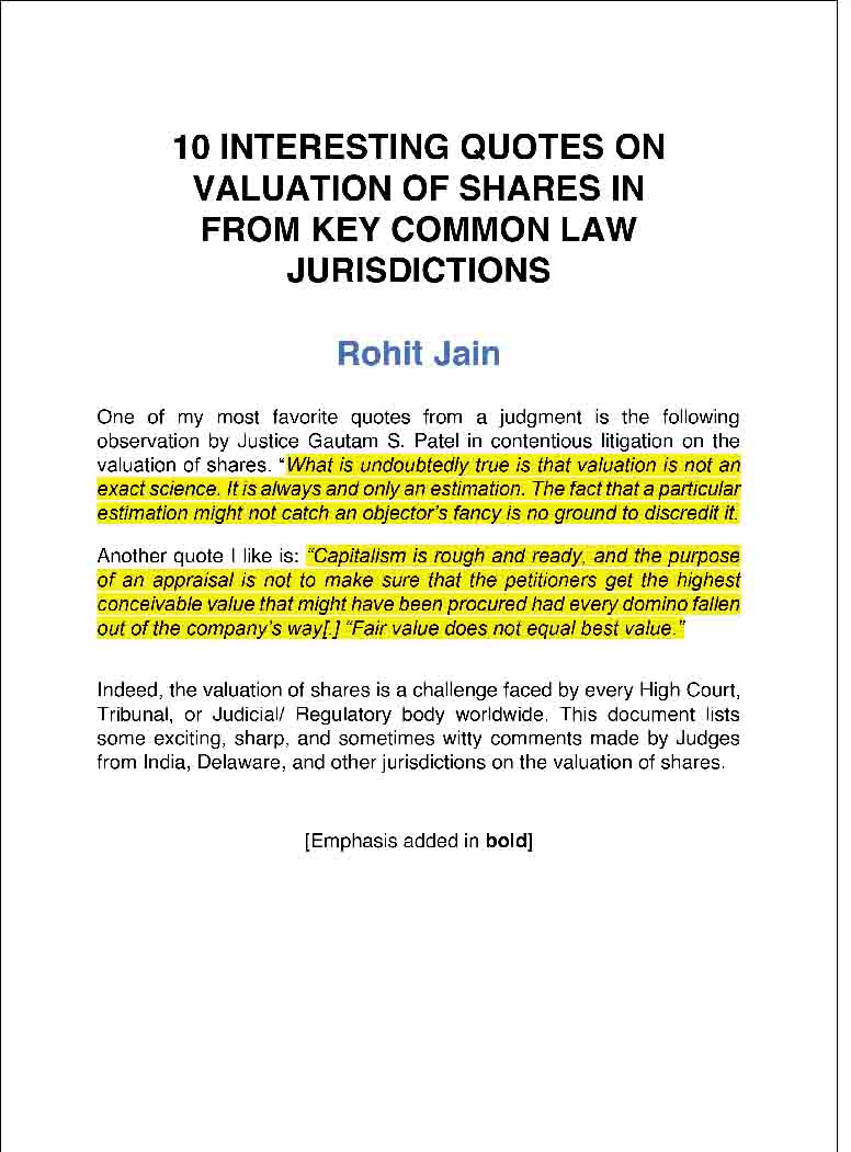 10 INTERESTING QUOTES ON VALUATION OF SHARES IN FROM KEY COMMON LAW JURISDICTION