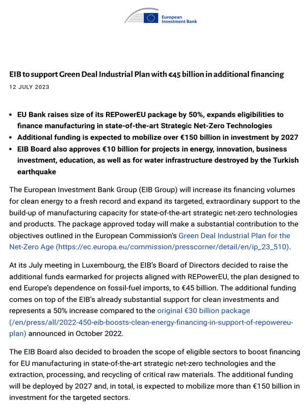 EIB to support Green Deal Industrial Plan with 45 billion