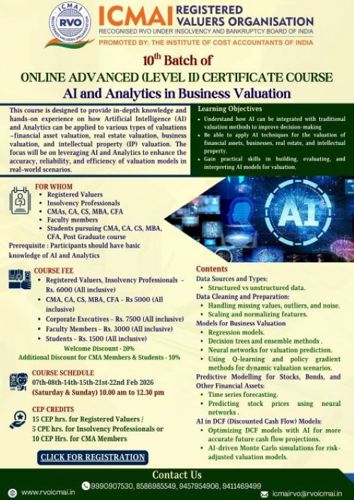 10th batch of Online Advanced Level II Certificate Course in AI and Analytics in Business Valuation