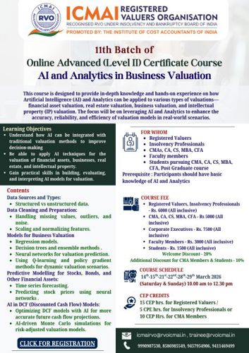 11th Batch of online advanced Course of AI and analytics in Business Valuation