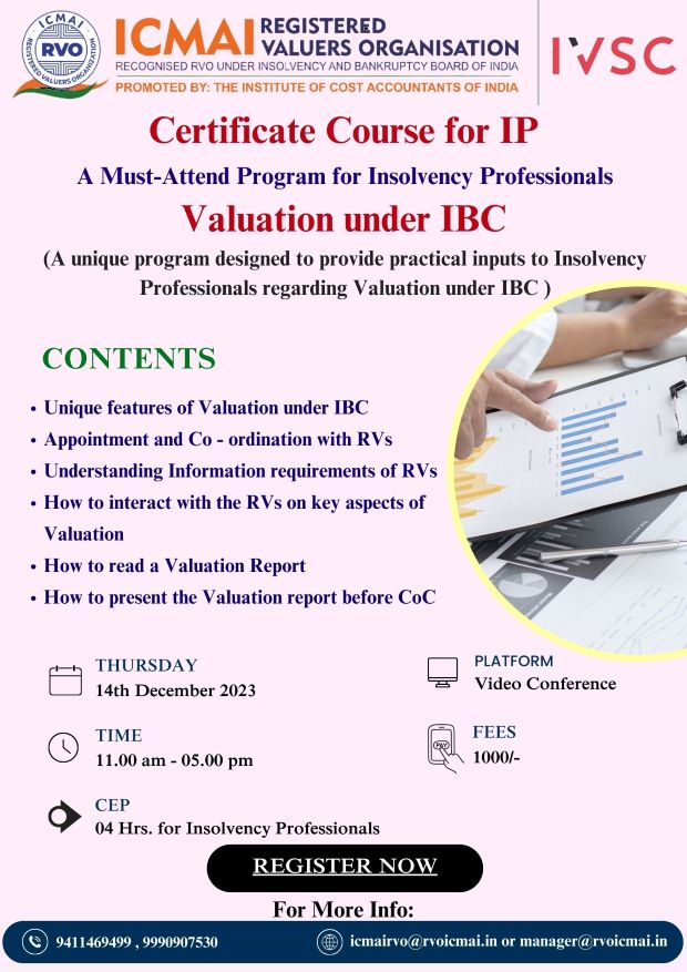Certificate Course for IPs Valuation under IBC on 14th December 2023